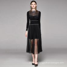 2020 Spring long sleeve knitted mesh elegant black party dress